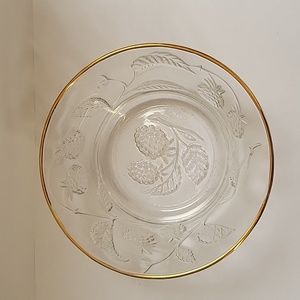 French Jam Berry Bowl Textured Design Raspberries & Leaves Clear Glass.